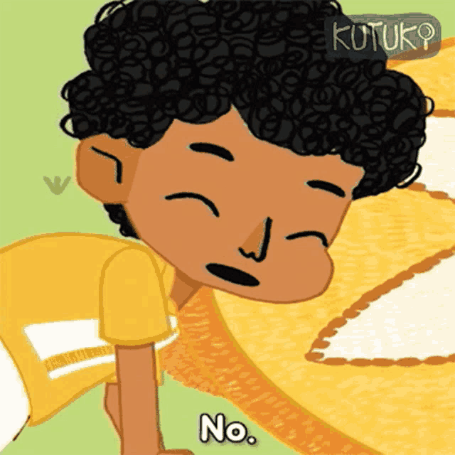 a cartoon drawing of a boy with curly hair says no