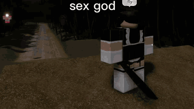 a minecraft character standing on a dirt road with the words sex god on the bottom