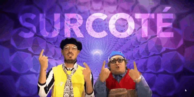 two men giving the middle finger in front of a purple background that says surcote