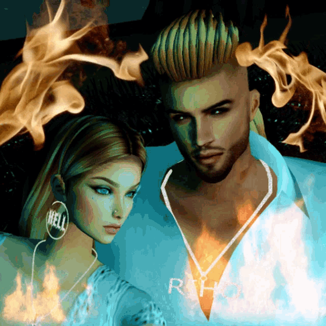 a woman wearing hell earrings stands next to a man wearing a necklace that says rhythm