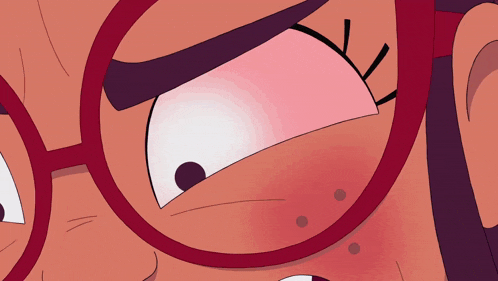 a close up of a cartoon character 's eye with glasses
