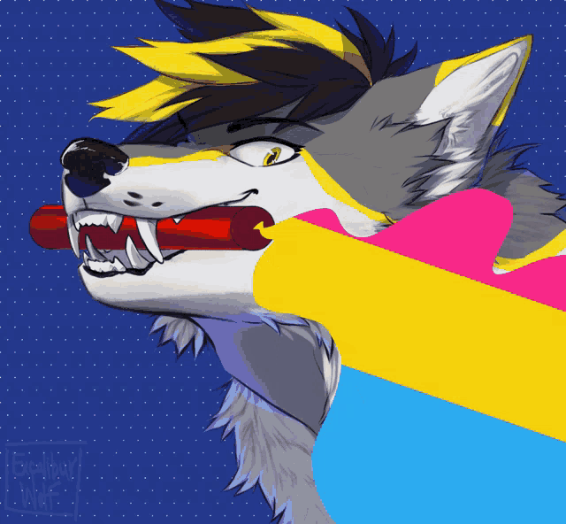 a drawing of a wolf with a pansexual flag on its chest
