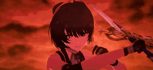 a girl with black hair is holding a sword in her hand