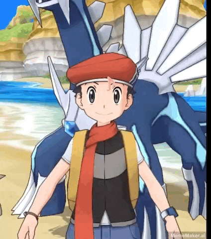 a boy in a red hat and scarf is standing next to a pokemon .