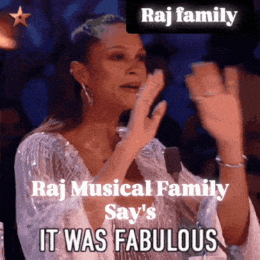 a woman applauds in front of a sign that says raj musical family