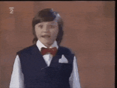 a boy in a vest and bow tie is standing in front of a screen that says ne petku ne