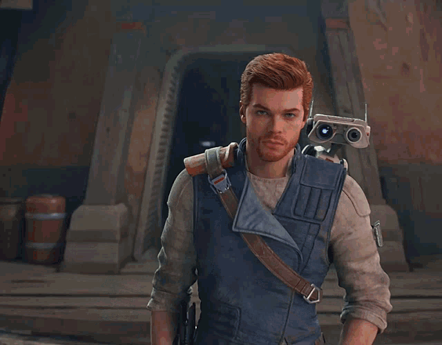 a man in a video game with a robot on his shoulder