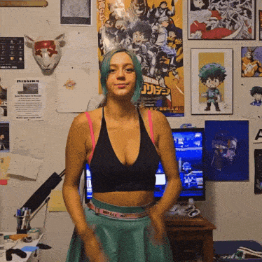a woman stands in front of a wall covered in anime posters including one that says missing