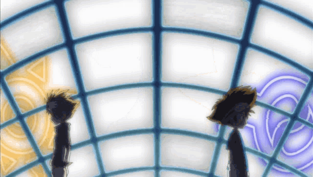 two anime characters are standing in front of a ceiling with a geometric pattern on it