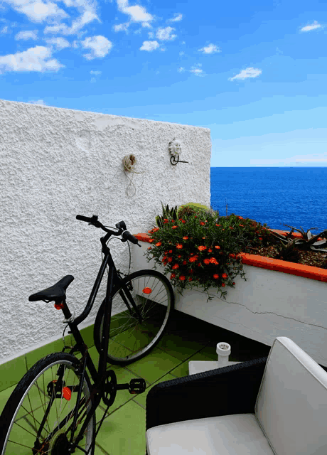 a bicycle is parked on a balcony overlooking the sea