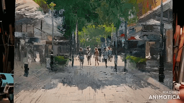 a painting of people walking down a street with the words made in animatica below it