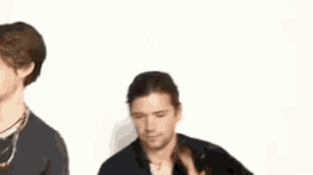 a man is brushing another man 's hair while standing next to each other on a white background .