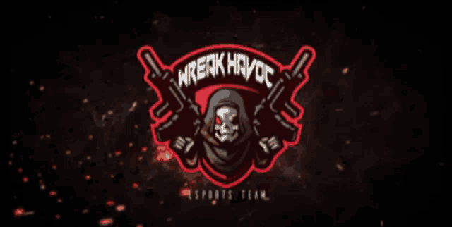 a logo for the wreckhavoc esports team with a skull holding guns