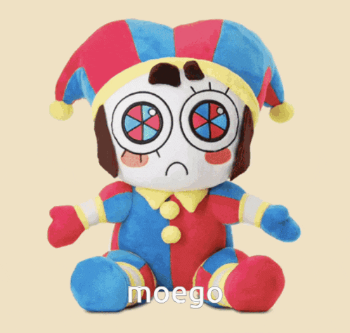 a red and blue jester stuffed animal with the word moego on the bottom