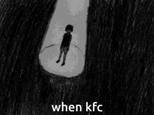 a black and white drawing of a boy covering his face with his hands with the caption when kfc