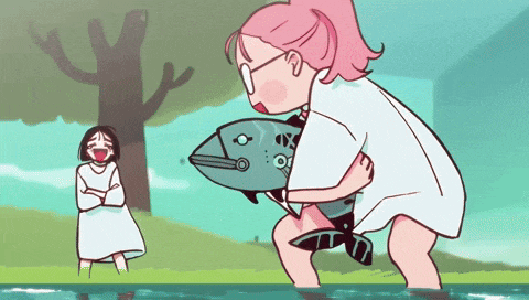 a cartoon of a woman holding a fish with a tree in the background