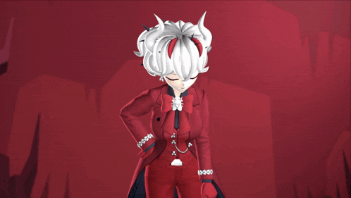 a girl in a red suit is giving a thumbs up sign