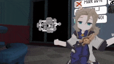 a cartoon character standing in front of a sign that says " mark bb7e "
