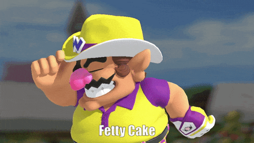 a cartoon character is wearing a yellow hat and a purple shirt and says fetty cake on the bottom