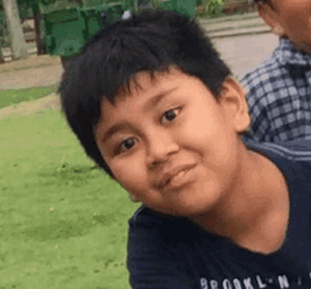 a young boy in a blue shirt is looking at the camera while standing in the grass .