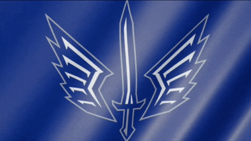 a sword with wings and lightning bolts on a blue cloth
