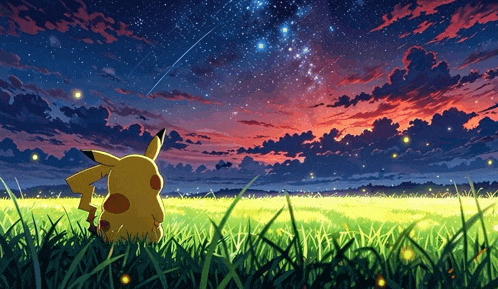 a pikachu sitting in a field looking at the stars