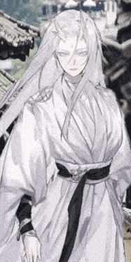 a woman with long white hair and horns is wearing a white robe