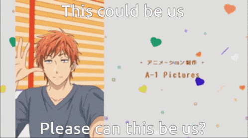 a man and a woman are pointing at each other with the words " this could be us please can this be us " below them