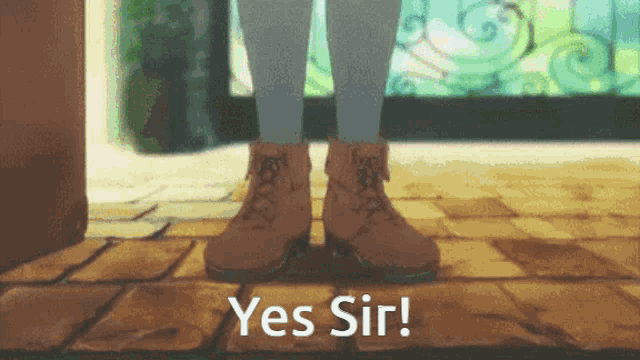 a person standing on a brick floor with the words yes sir written below them