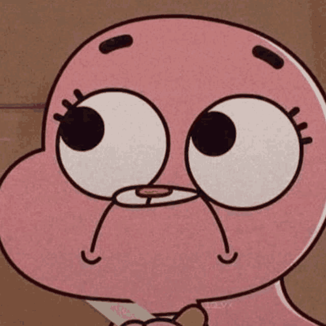 gumball from the amazing world of gumball is a pink cartoon character with a knife in her mouth .