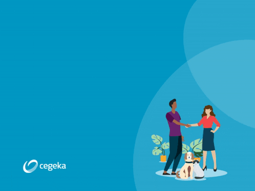 a man and woman shaking hands with a cat and dog