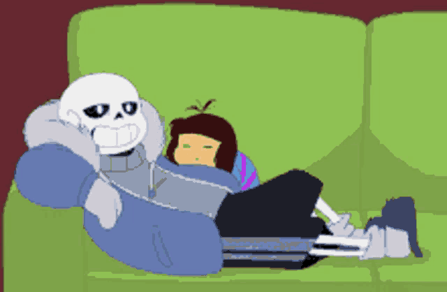 a cartoon of a skeleton laying on a couch with frisk