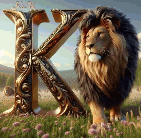 a lion is standing in front of a large letter k