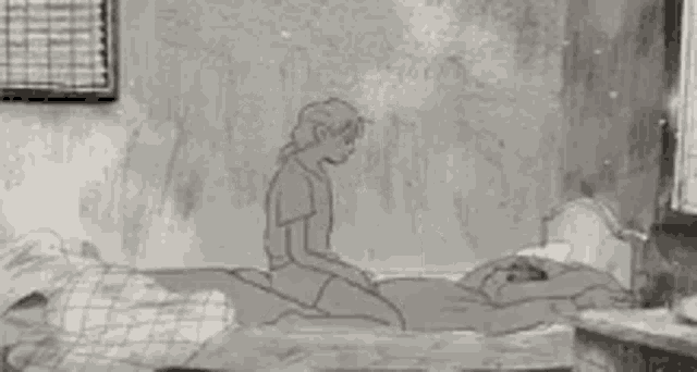 a black and white drawing of a man and woman hugging each other on a bed .