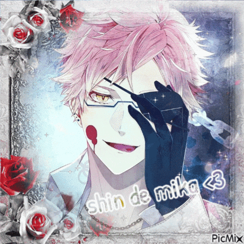 a picture of a man with pink hair and the words shin de mika on it
