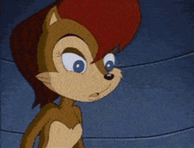 a cartoon character with red hair and blue eyes is standing in front of a blue wall