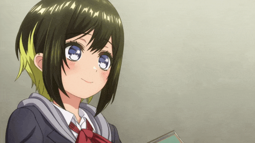 a girl with short hair and blue eyes is wearing a school uniform