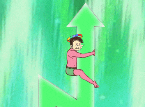 a cartoon character is sitting on top of a green arrow pointing up
