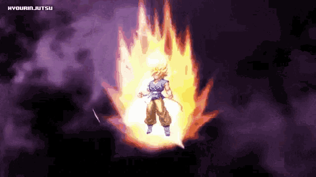 a pixel art of a person surrounded by flames with hyourinjutsu written below them