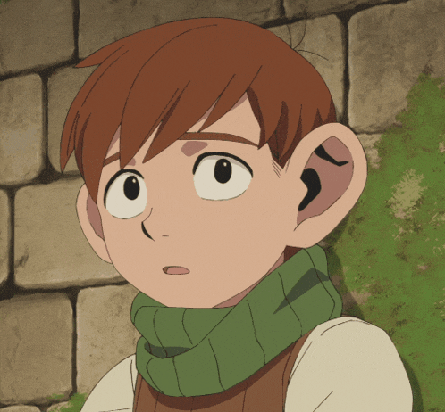 a cartoon character with brown hair and a green scarf