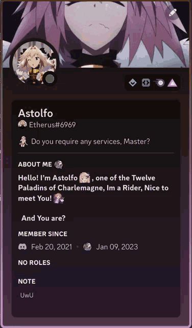a screenshot of a person 's profile with the name astolfo