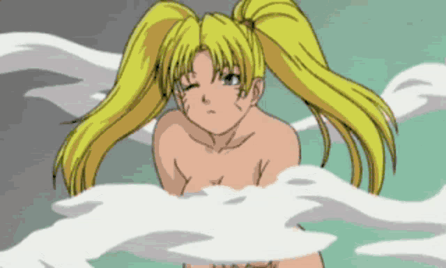 a naked anime girl with blonde hair and pigtails is in a bathtub