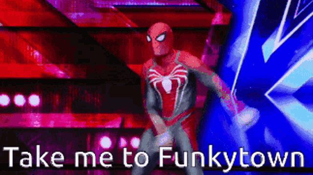 a spider man is dancing on a stage with the words take me to funkytown below him