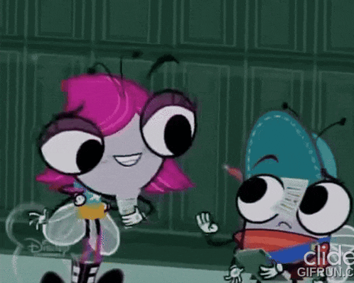 two cartoon characters are standing next to each other and one has pink hair and the other has blue hair