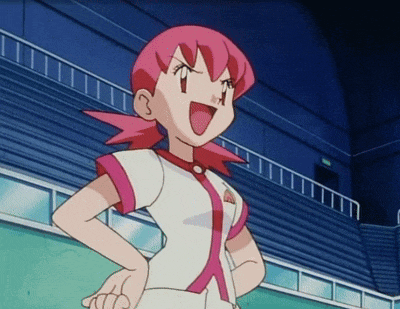 a cartoon girl with pink hair is standing in a stadium
