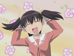a girl with pigtails is laughing with flowers flying around her