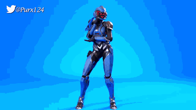 a 3d rendering of a futuristic soldier with the twitter username @ purx124