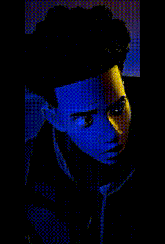a painting of a person standing in a dark room with blue lights
