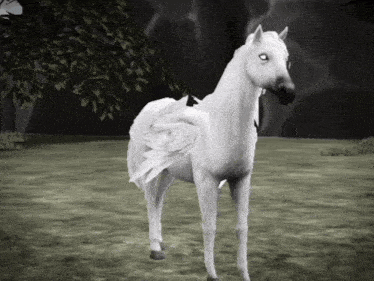 a white horse with wings is standing on a grassy field