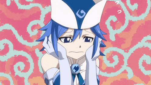 a girl with blue hair and a white hat has a g on her hat